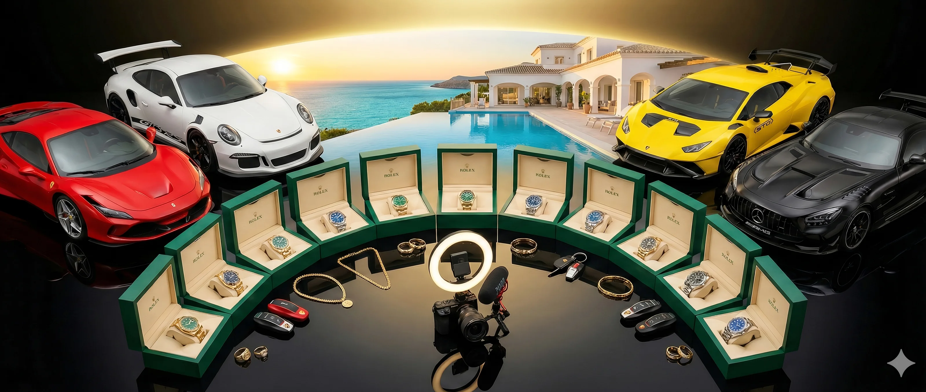 Lots d'exception — voitures de luxe, montres Rolex, villa avec piscine